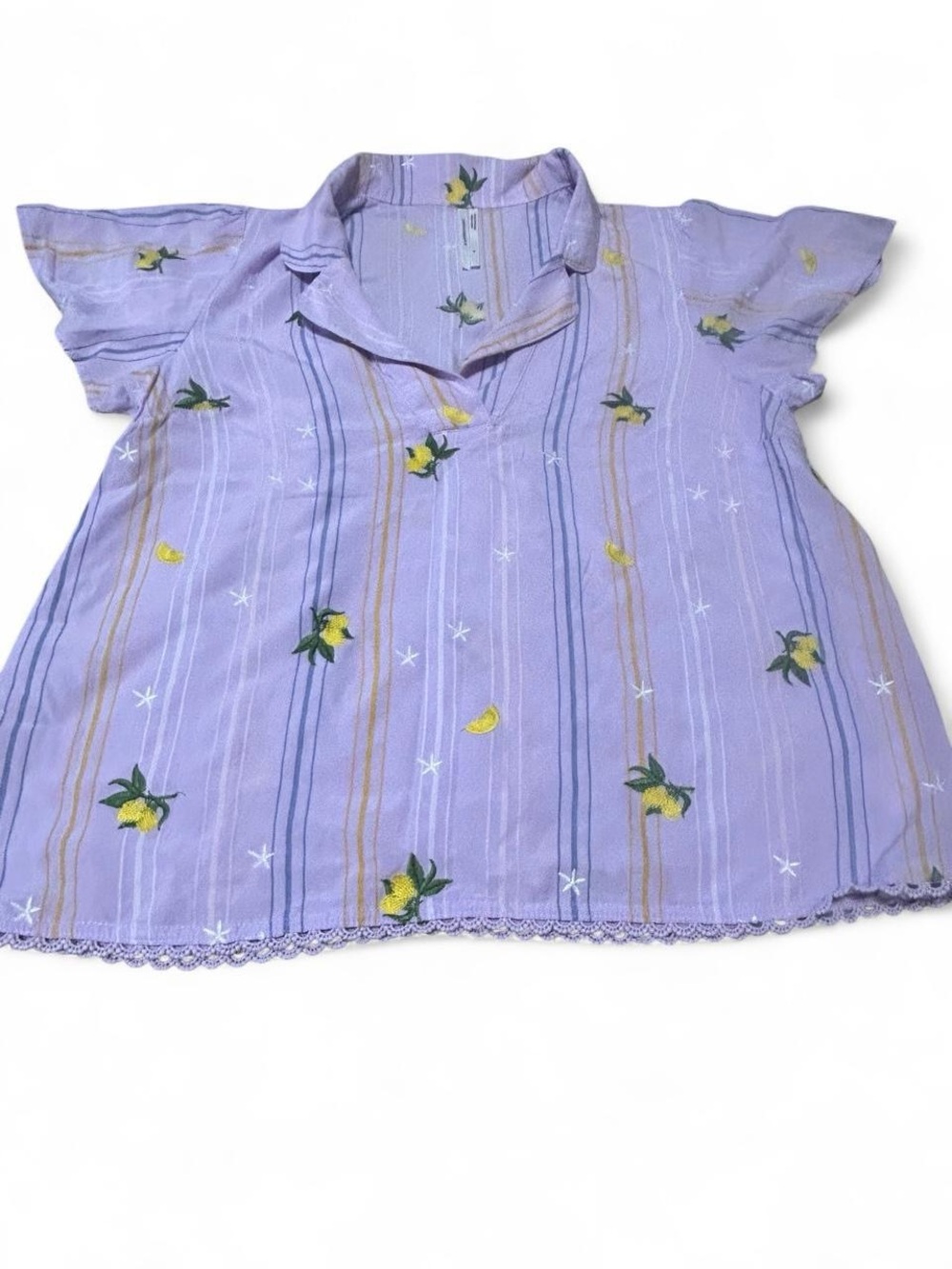 Anthropologie purple striped button up blouse with lemon and starfish embroidery